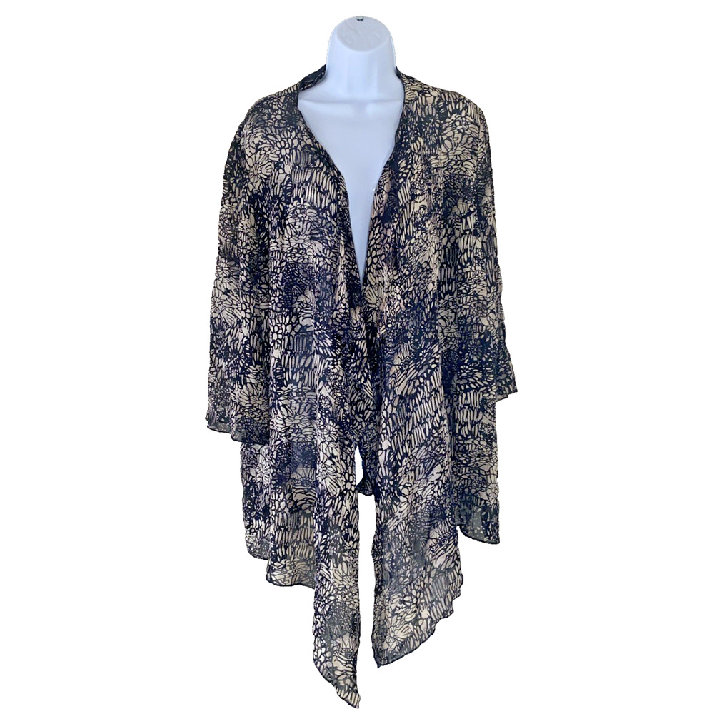Chalou Women’s Plus 1X Sheer Open Front Cardigan Black Beige Floral Drape Light